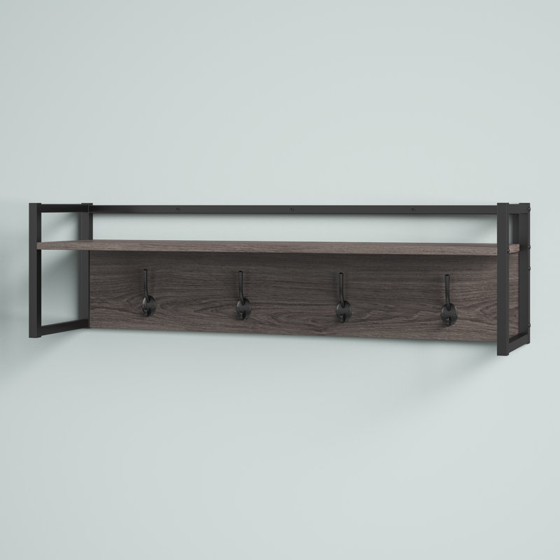 RiverRidge Afton 4-Hook Wall Mount Entryway Organizer Coat Rack Hanger - Weathered Woodgrain and Dark Brown Hooks