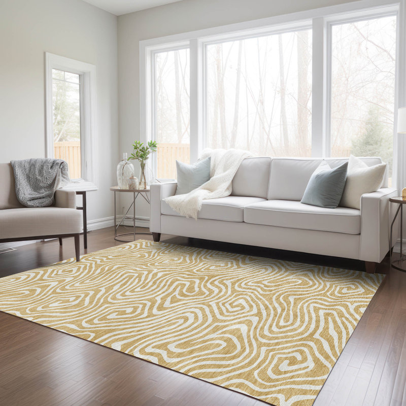 Gold and White Flat Woven Synthetic Rectangular Rug
