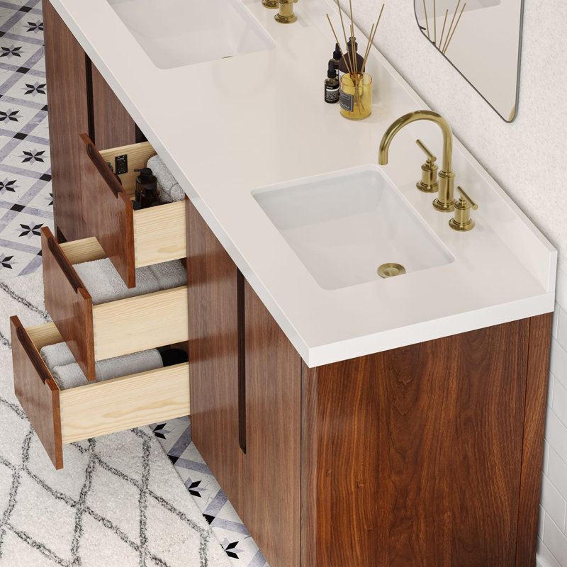 Trayshawn 72 po Meuble-lavabo à double cuve en marbre d'ingénierie avec robinet Whitebrook, Noir Juglans, Or