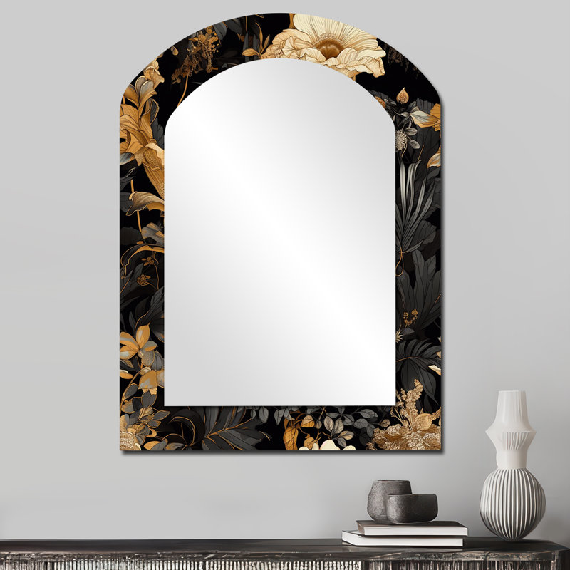 Gold Tropical Leaf Serenade I - Leaves Asymmetrical Decorative Mirror, Traditional Arch Wall Mirror, Printed Metal Art