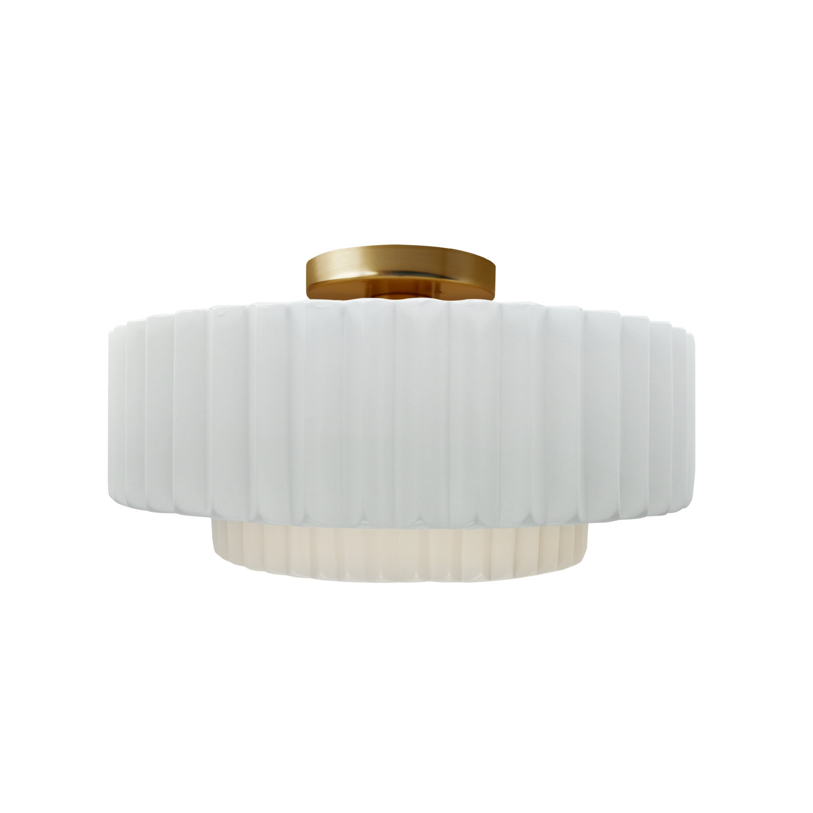 Single Light Ceramic LED Semi Flush Mount, Gloss White, 7.25" H x 14.5" W x 14.5" D, Brushed Brass