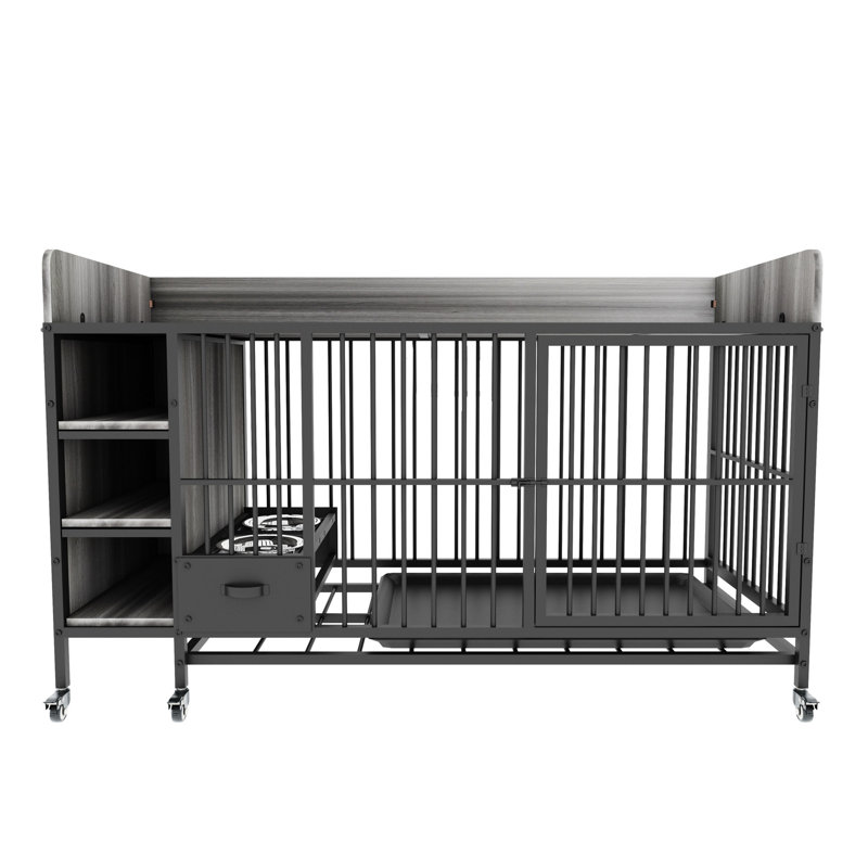 Grande cage pour animal de compagnie avec compartiment de rangement: cadre et matériau en fer, l 58,53 po Profondeur, largeur de 24,23 po, hauteur de 34,31 po, tiroir d'alimentation noir et gris fumée: profondeur, largeur, hauteur, +