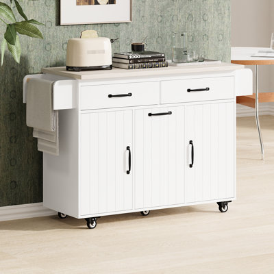 Îlot de cuisine avec poubelle inclinable, abattant, tiroir, armoire, tablette réglable, rangement pour chariot blanc, surface à rallonge, barre à serviettes Spice, tablettes amovibles, thème