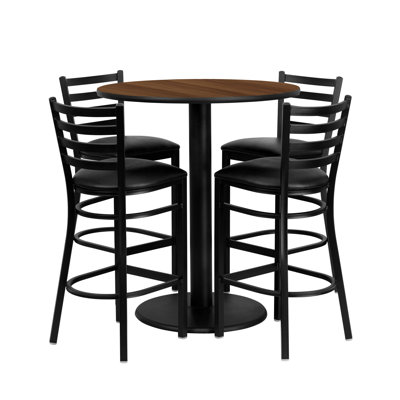 Hemant 36" Round Walnut Laminate Table Set with 4 Metal Barstools - Vinyl Seat