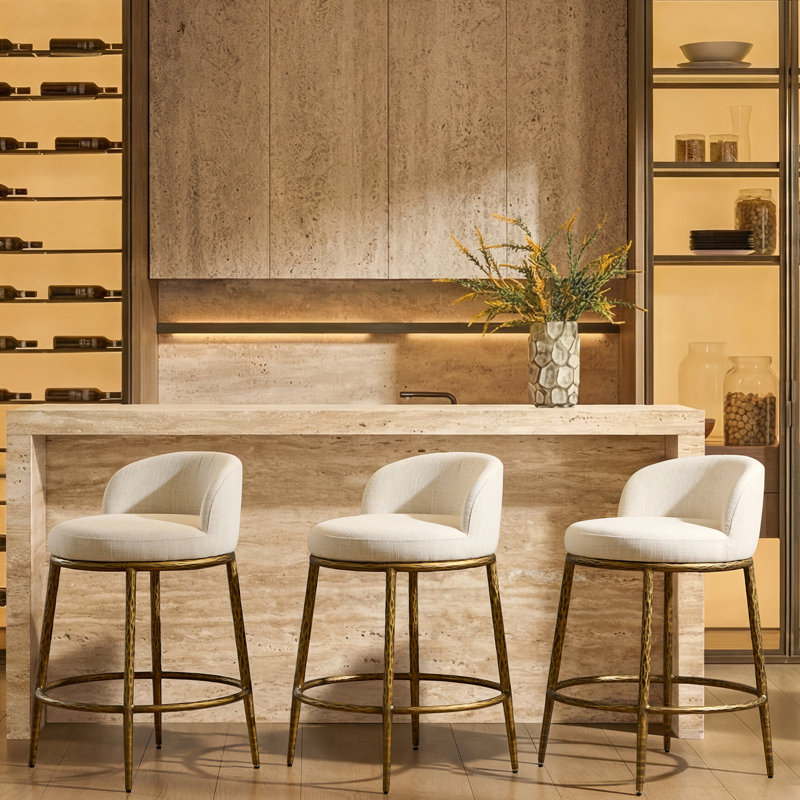 26.5" Upholstered Counter Stool With Gold Hammered Metal Legs & Curved Low Back For Kitchen Island, Set Of 3, Gold, 3