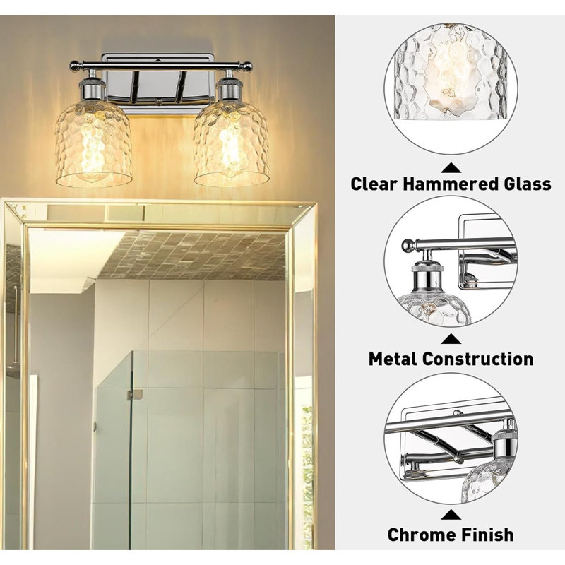 Chrome 2-Light Bathroom Vanity Fixture with Clear Hammered Glass Shades