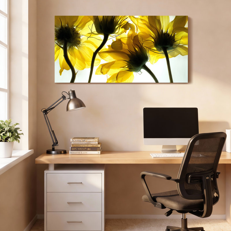 Ensemble de 1 tableau sur toile représentant une silhouette de tournesol, H 28 po x l 58 po