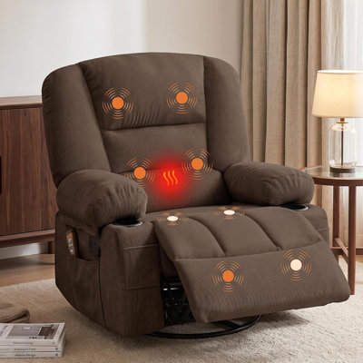 Fauteuil inclinable surdimensionné, fauteuil berçant très large avec massage et chaleur, fauteuil inclinable et pivotant à 360 ° pour adultes, fauteuil inclinable et oscillant avec rangement pour accoudoirs, poche latérale, 2 porte-gobelets pour le salon