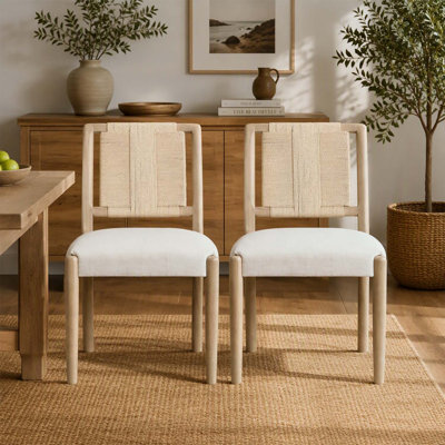 Chaises de salle à manger élégantes et capitonnées avec dossier en corde tressée, ensemble de 2, gris pâle et beige, parfaites pour les intérieurs modernes.