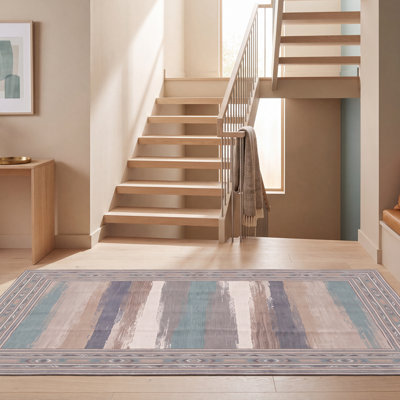 Tapis moderne à rayures effet pinceau, couleur bronze, turquoise, beige, gris, brun, blanc, lavable à la machine, antidérapant, à poils courts, pour l'intérieur et l'extérieur, adapté aux animaux domestiques, idéal pour le salon, la chambre, la salle à manger, l'entrée, le couloir ou le bureau.