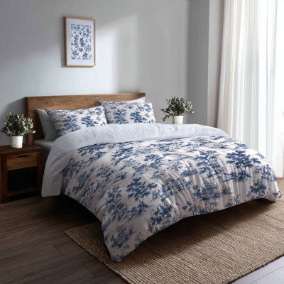 Ensemble de literie moderne 3 pièces - Ensemble de housse de couette et de coussins Blue Toile Wash