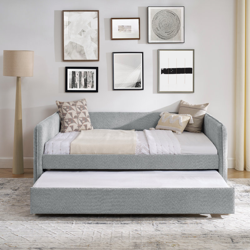 Lit de jour avec couchette rembourrée et capitonnée, tissu Boucle (lit de jour), Lit double