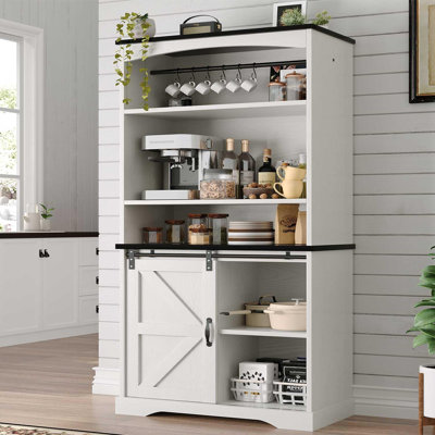 Farmhouse Tall Coffee Bar with Tall Hutch, Buffet Cabinet with Storage, 70 Inch Coffee Bar Cabinet with Sliding Barn Door and Adjustable Shelves for L by Gracie Oaks