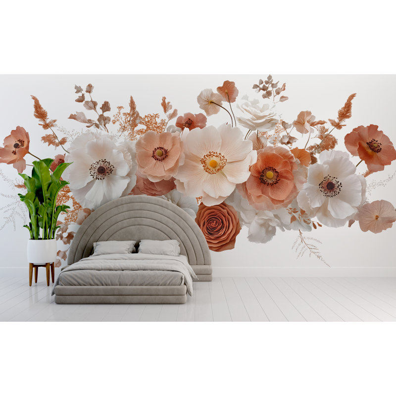 Adhésif mural terracotta floral pour chambre à coucher - Grand papier peint fleur au-dessus du lit, décalque mural amovible bohème neutre 063Mv