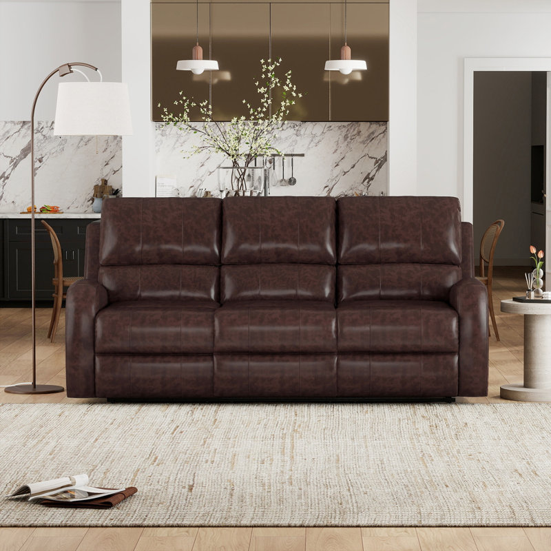 82.7" Wide Modern and Upholstered Vegan Leather Power Reclining Sofa with USB Charge Port, Dark Brown 