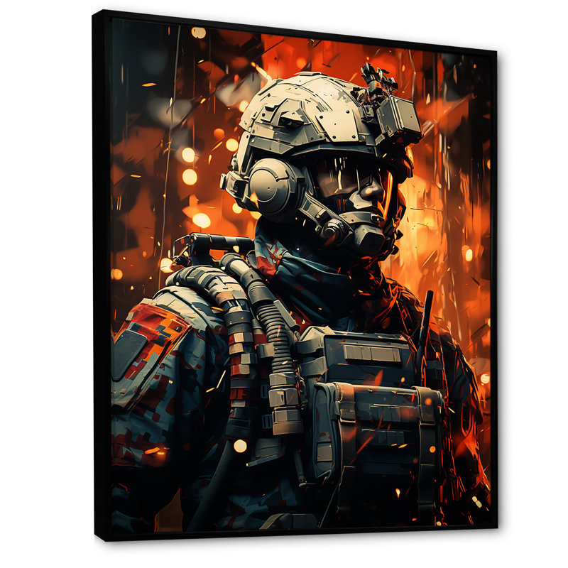 Soldat militaire, lignes de front abstraites sur toile, Cadre flottant noir, H 32 po x l 16 po x P 1 po