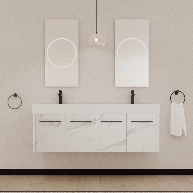 Meuble-lavabo mural 60 po avec lavabo, lavabo en résine épaisse à double rebord, ensemble KD, Blanc