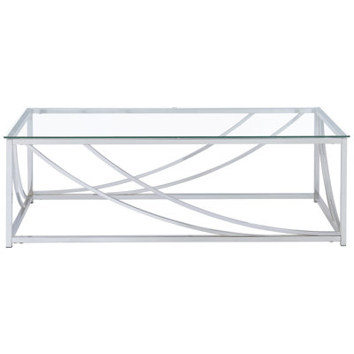 Et table basse en verre avec pieds en métal pour la zone de vie principale - 17 pouces de hauteur, 46,31 de largeur, 23,5 de profondeur, conception moderne, esthétique renforcée, forme rectangulaire haute, traversée, brillance réfléchissante,
