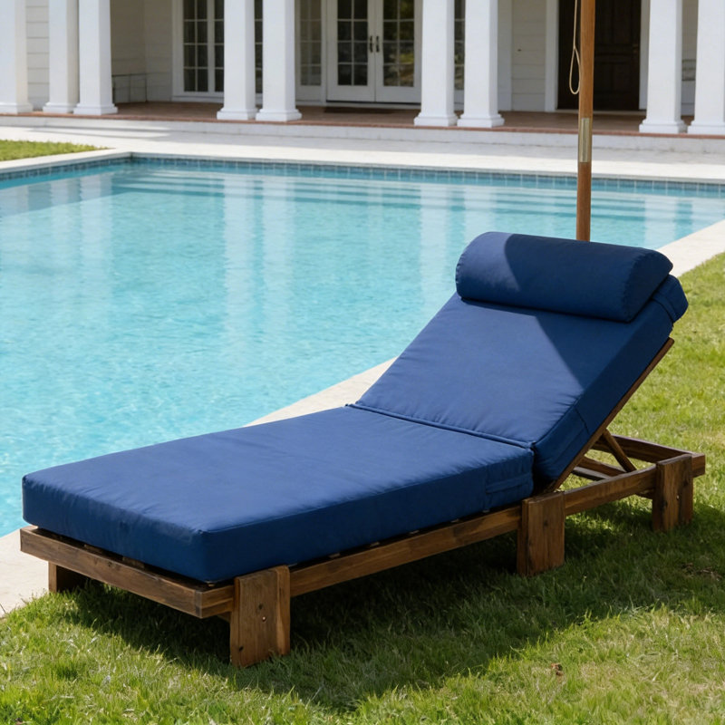 Outdoor Acacia Wood Chaise Lounge With Adjustable Recline, Headrest & Pull-Out Side Tray For Patio Or Poolside, Navy Blue