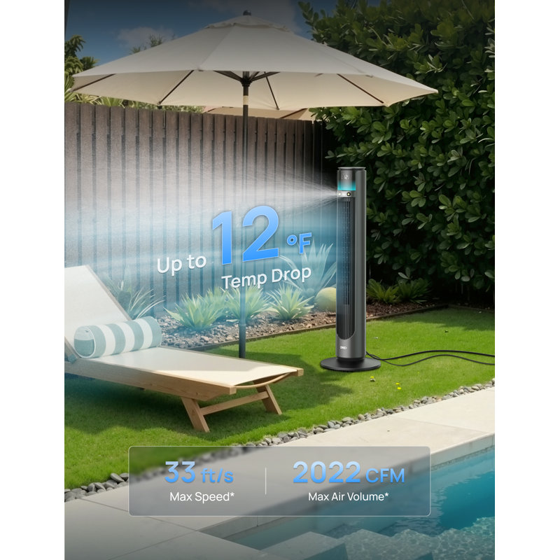 DREO 42 po Ventilateur de brume d'extérieur 12 vitesses intelligent en noir avec télécommande, brume de 20 pi, oscillation de 150 °, résistant aux rayons UV