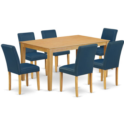 7 Piece Dining Table Set Consist of a Rectangle Dining Room Table and 6 Oasis Blue Faux Leather Upholstered Parson Chairs, 36x60 Inch, Oak