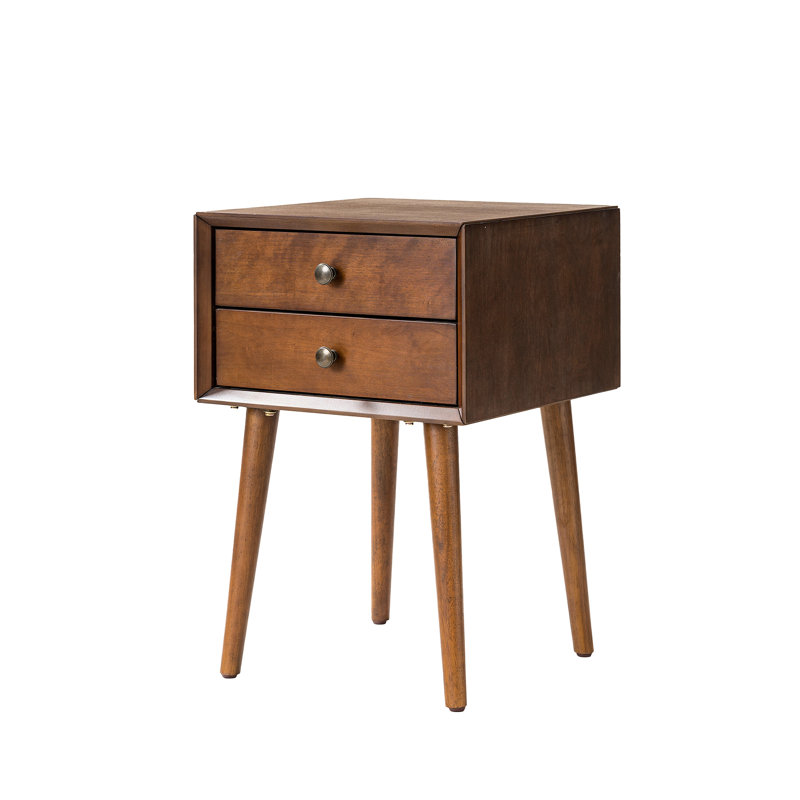 Petite table d'appoint avec 2 tiroirs, table de chevet pour le rangement, noyer - conception angulaire épurée, quincaillerie en laiton, tâche d'assemblage rapide à deux niveaux