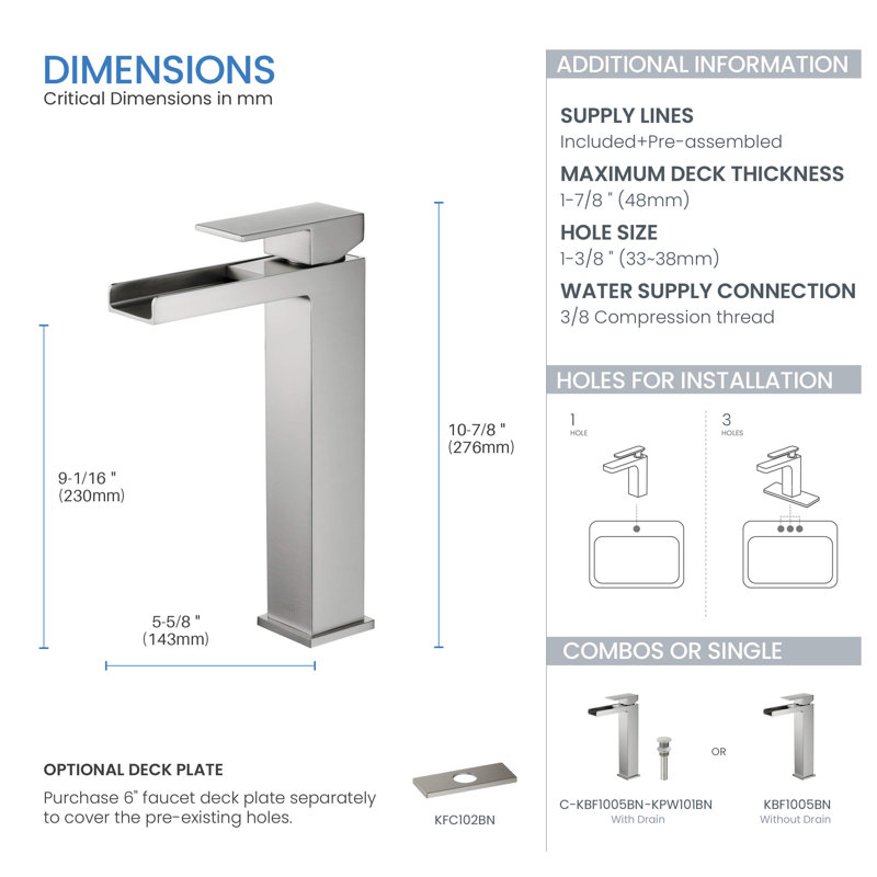 Waterfall Single-handle Bathroom Faucet with Drain Assembly, Brushed Nickel, With Pop Up Drain