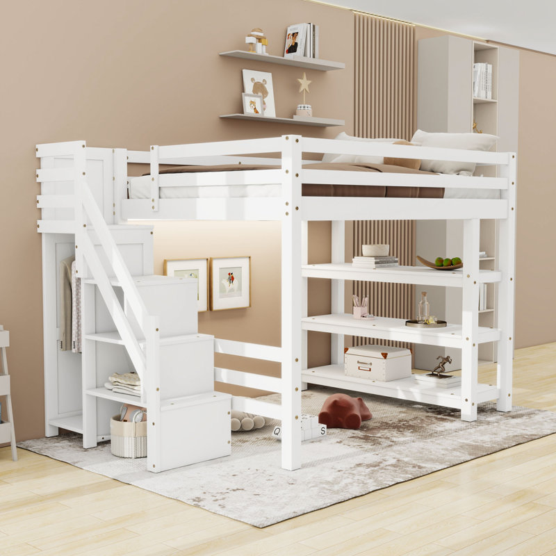 Loft Bed With Shelves, Storage Staircase, Wardrobe And LED Light, Full