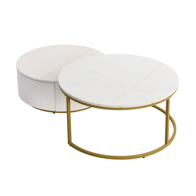 Table basse gigogne moderne cannelée avec tiroir, Blanc