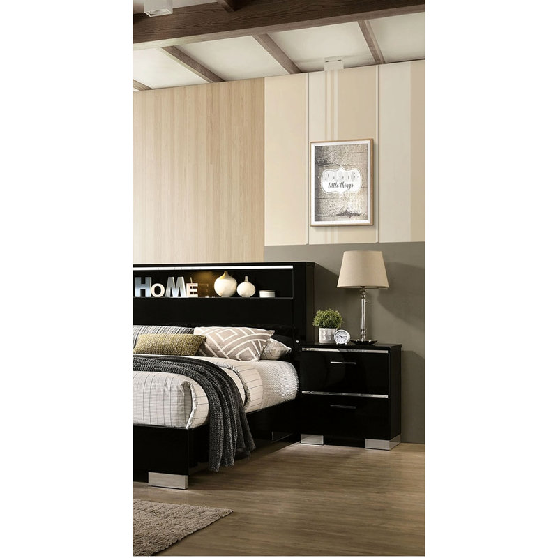 Table de chevet de chambre à coucher en noir avec unité de charge et poignées