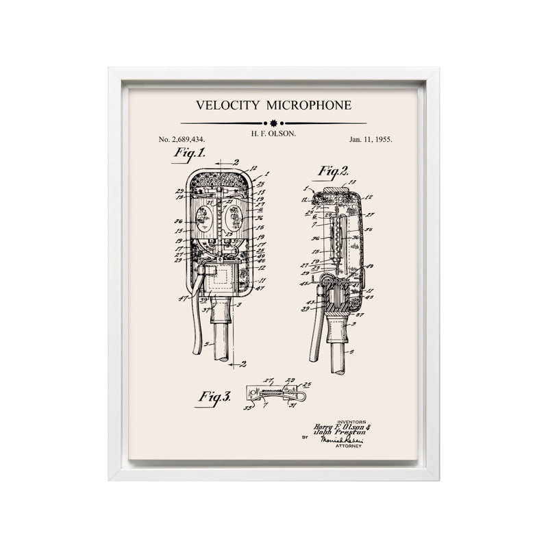 Microphone Blueprint No2, Canvas, 12"H x 16"W, White Framed