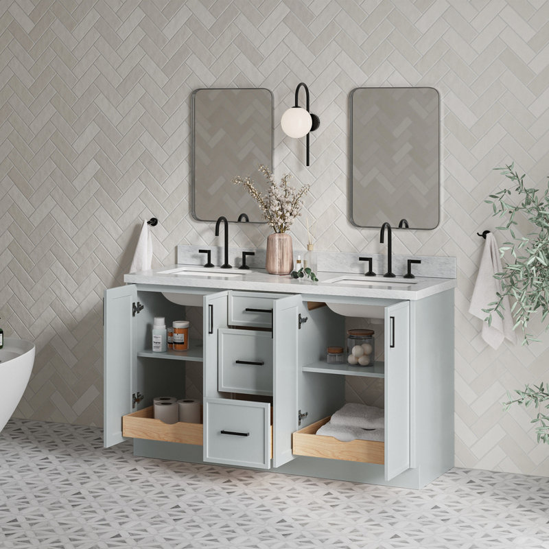 Ariel Kelly 61 Inch Double Rectangular Sink Bathroom Vanity With Italian Carrara Marble Countertop, Gray