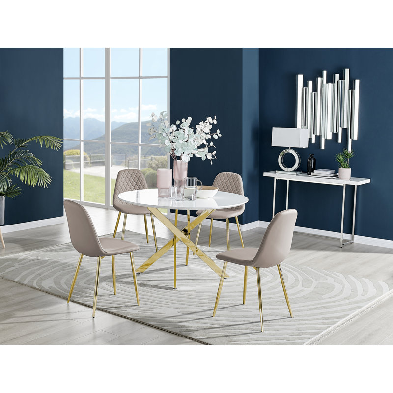 Tierra Sleek Gold and White Gloss Round Dining Table Set with 4 Luxury Faux Leather Dining Chairs, Light Gray/Gold