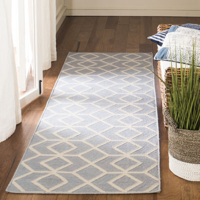 Rodgers Hand Woven Flat Weave Wool/Cotton Geometric Rug in Blue/Ivory