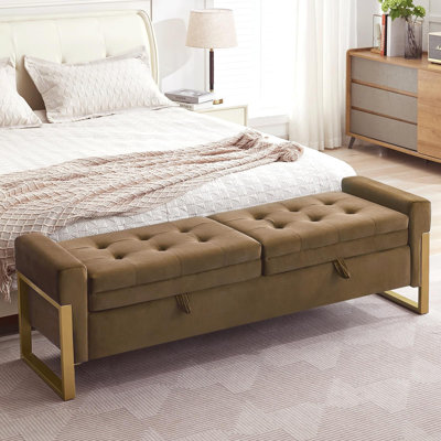 Drewes 66'' W Upholstered Storage Bench for Bedroom End of Bed King Size with Button-Tufted and Metal Gold Legs