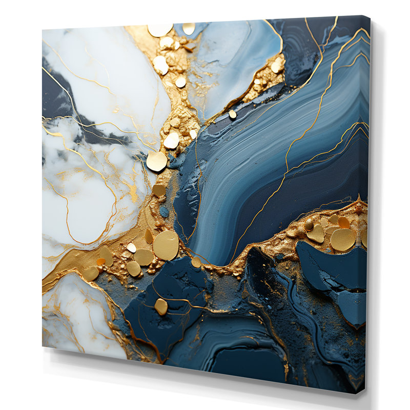 «Blue and Gold Marble River V», art mural abstrait à encre liquide, Toile tendue, H 16 po x l 16 po x P 1 po