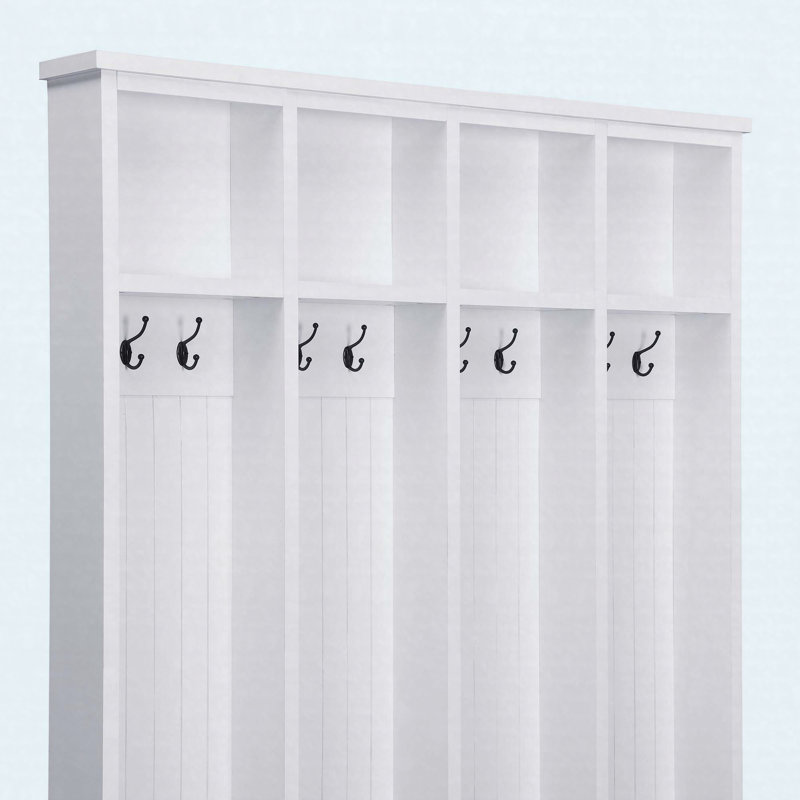 Farmhouse Hall Tree with 8 Hooks, Storage Bench & Open Compartments, White, White