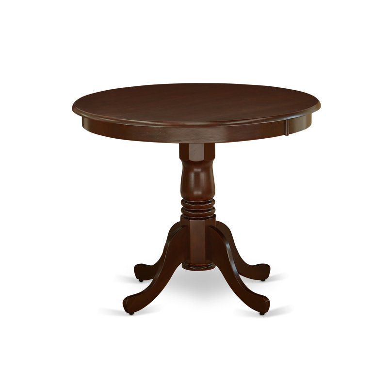 5 Piece Dining Table Set for 4 Includes a Round Table with Pedestal and 4 Brown Linen Fabric Parson Dining Chairs, Mahogany