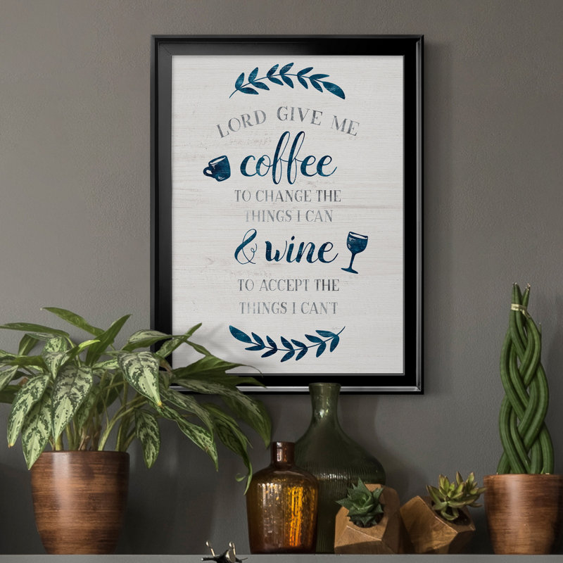 «Coffee and Wine», art textuel sur toile, H 18,5 po x l 24,5 po x P 1,5 po, Cadre noir