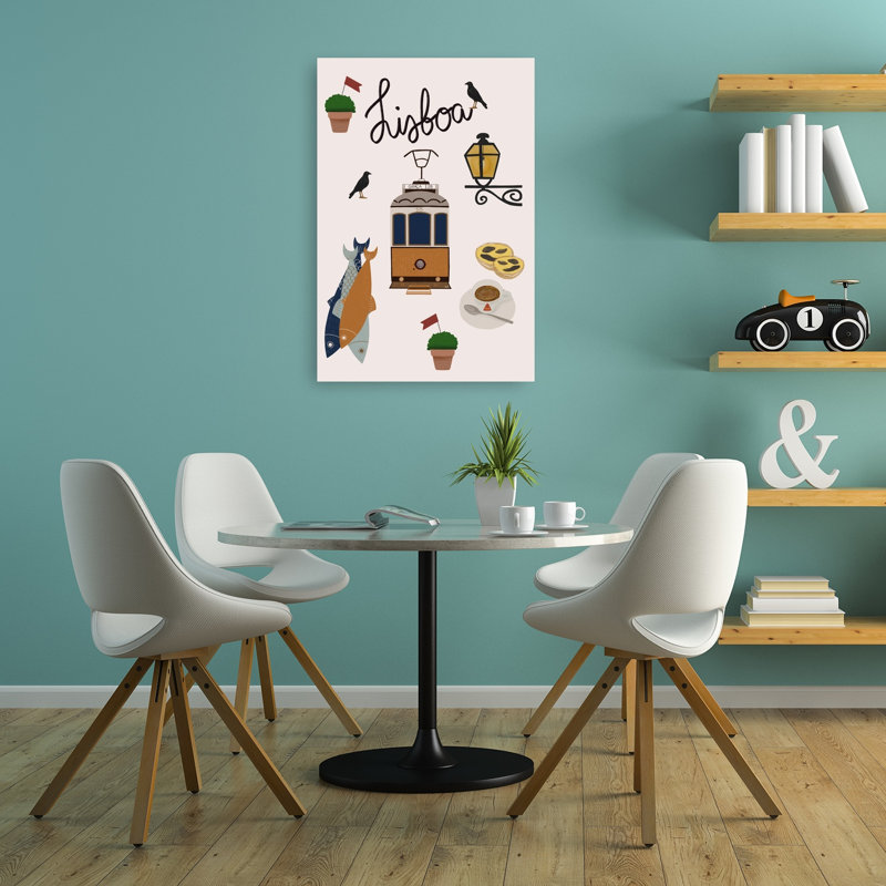 Délices du tramway de Lisbonne - Affiche murale classique, abstraite et contemporaine représentant un oiseau, un poisson et une plante urbaine