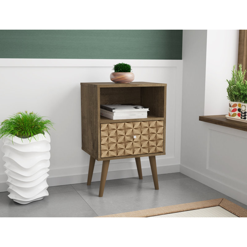 Table de chevet 1 tiroir Mid-Century Liberty, Rustic Brown/3D Brown Print