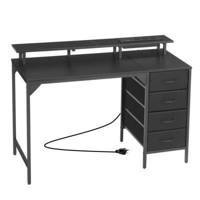 Bureau d'ordinateur de 47 po avec lumières DEL et prises de courant, table de jeu avec 4 grands tiroirs, bureau avec support pour écran, bureau de travail à domicile, petits espaces, noir