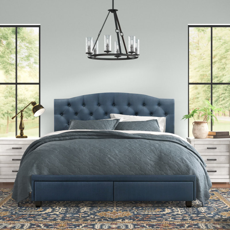 Lit plateforme tapissier avec rangement Krick, Bleu, Très grand