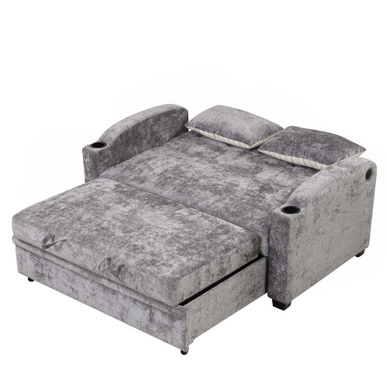 Canapé-lit convertible en chenille de 61,6 po avec dossier ajustable, 2 coussins, porte-gobelets, ports USB pour le salon et un appartement