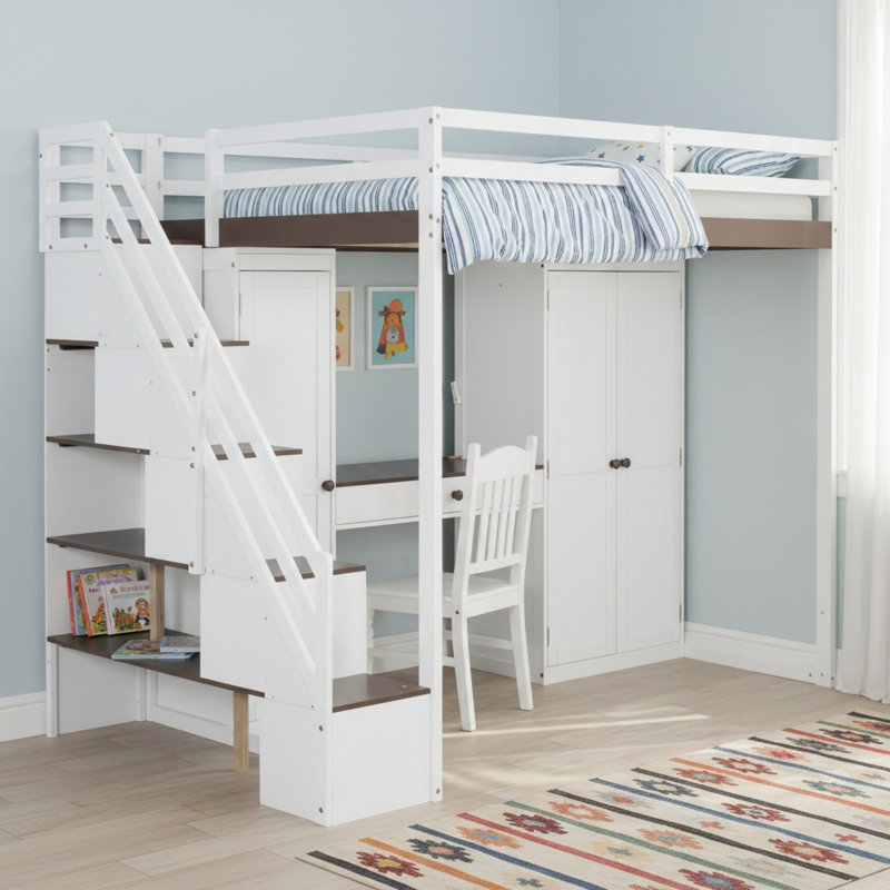 Solid Wood Full Size Loft Bed with Storage Staircase, Built-In Dressing Table with Mirror and USB Charging Ports for Bedroom