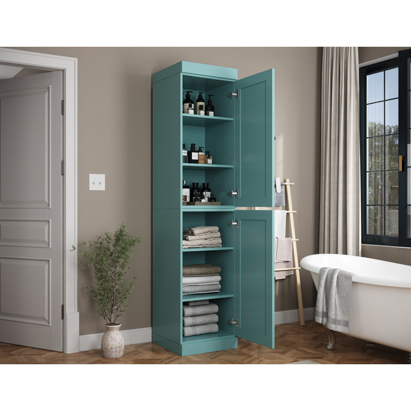 Armoire de rangement 100% bois massif 16,5 po avec portes Shaker et tablettes réglables, Turquoise