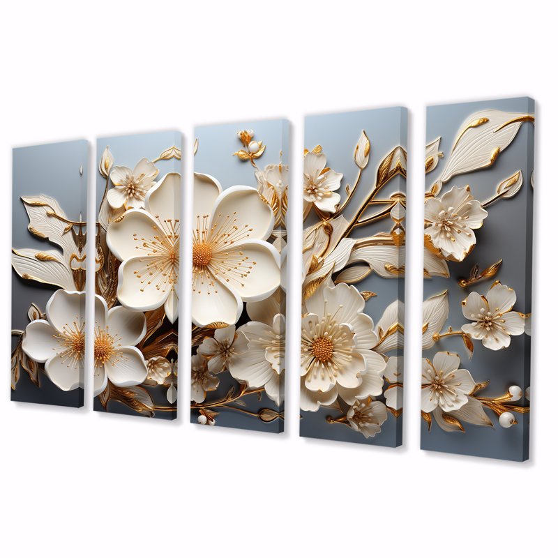 Orchidée blanche jardin de branches V - abstrait floral, art mural 5 pièces, H 32 po x l 80 po