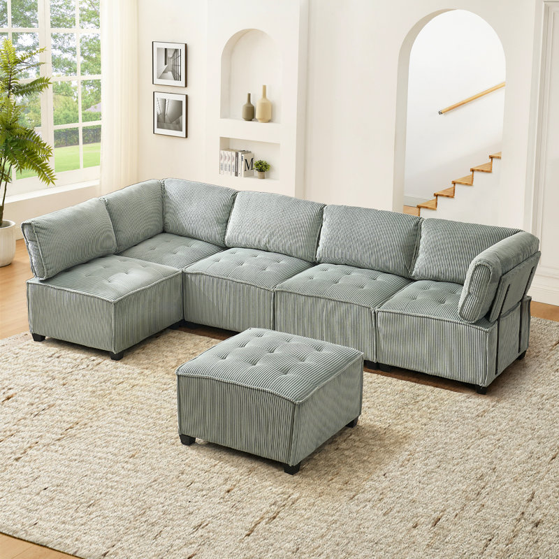 Arlynda 121.26"W Modular U-shape Sectional, RAF, LAF, Ottoman, Light Green Corduroy