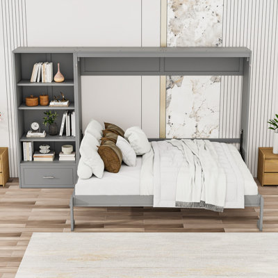 Grand lit escamotable en bois avec tiroir de rangement et tablettes réglables