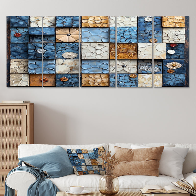 Abstract Blue and White Rhythms Tiles - Ensemble de salon mural abstrait, H 28 po x l 60 po